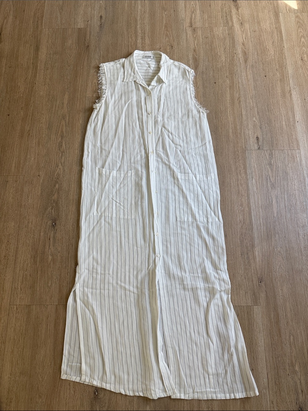 Farrow White & Black Pinstripe Frayed Sleeveless Button Down Dress W/ Pockets L